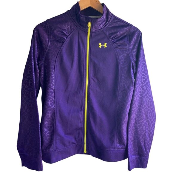 Under Armour Loose Girls Full Zip Jacket Purple Green Ruched XL Geometric Logo - Picture 12 of 12